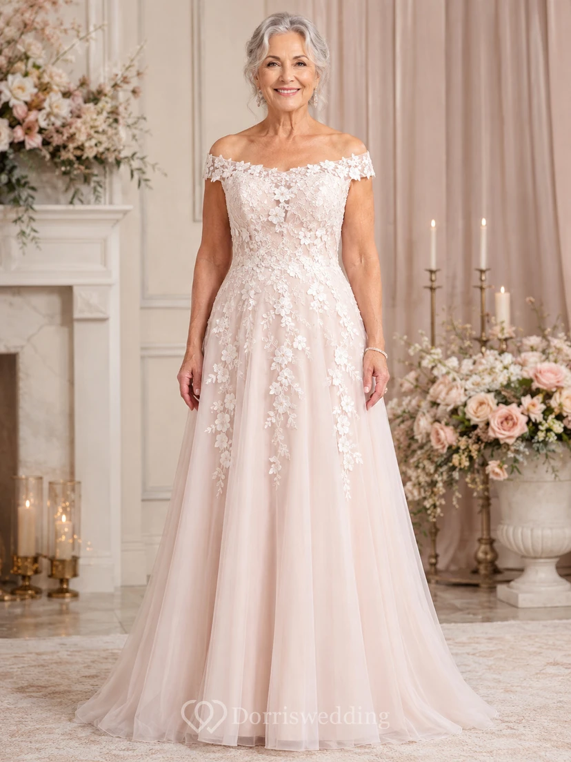 Blushing Pink Off Shoulder Lace A-Line Older Brides Wedding Dress