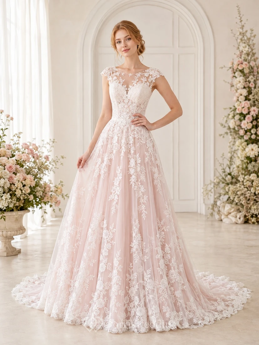 Robe de mariée rose poudré à col bateau en V, manches courtes et dentelle florale, coupe trapèze, encolure bateau et manches courtes