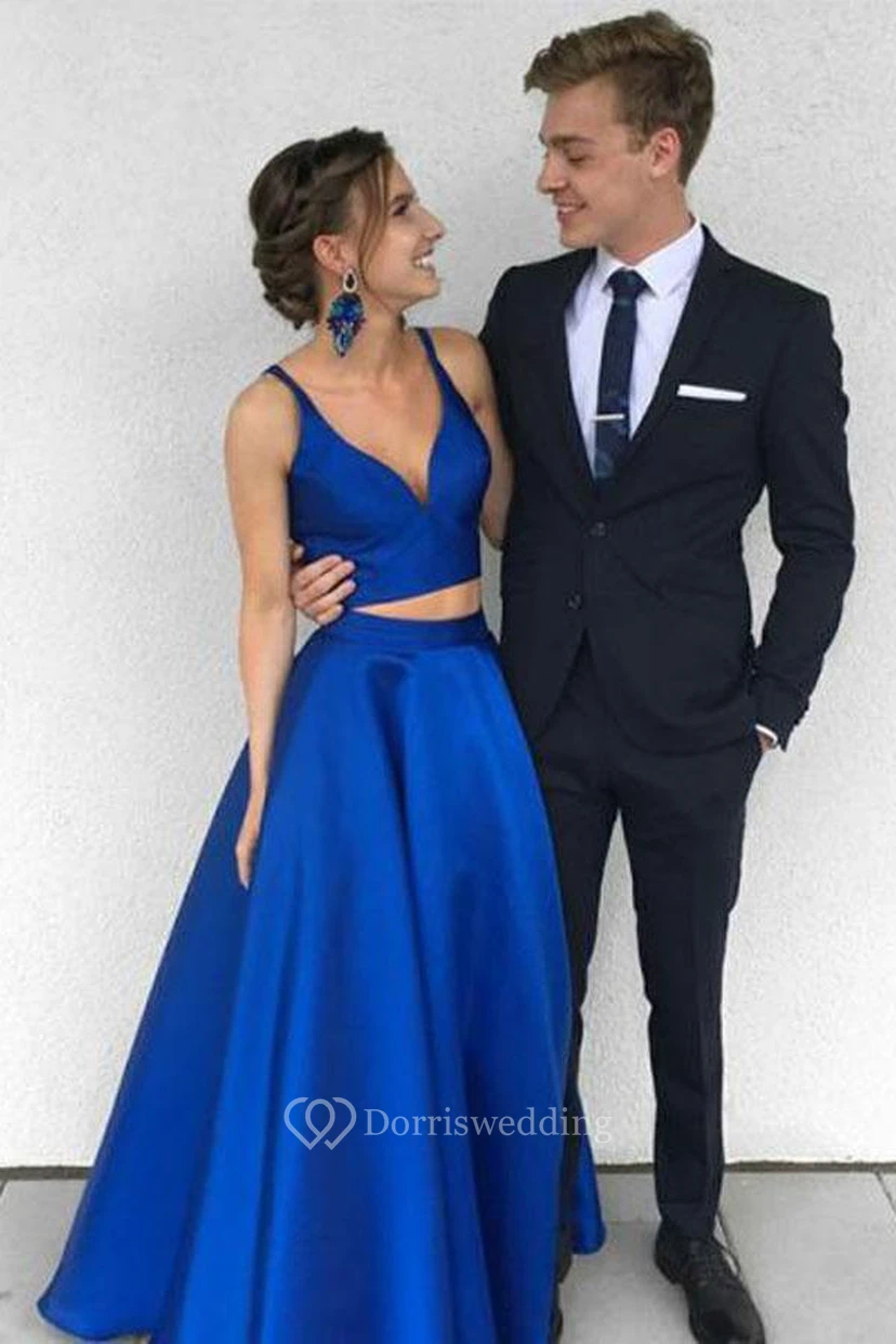 A-Line Two Piece Satin V-neck Sleeveless Zipper Dress