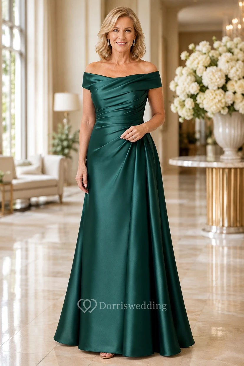 MOB-Kleid, dunkelgrün, Satin, A-Linie, kurze Ärmel, schulterfrei, bodenlang, drapiert