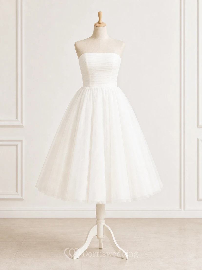 Tea-length Strapless A-line Simple Beach Ruched Casual Wedding Dress view 7