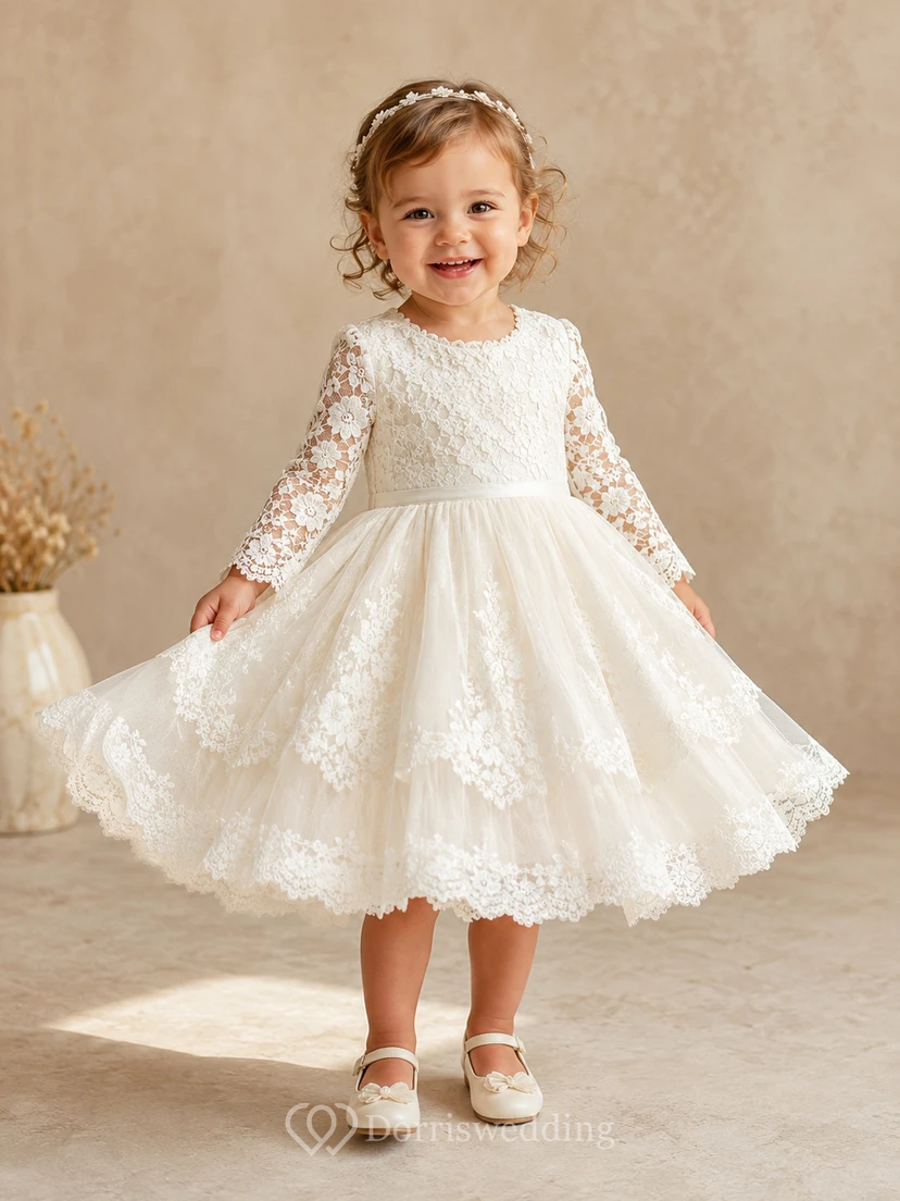 Long Sleeve Christening Dress A-Line Lace Tulle High Neck Scalloped Hem
