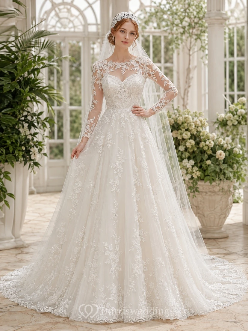 Vestido de novia de encaje con cola larga y corte en A