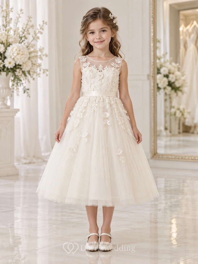 Tea-length Ivory A-line Floral Lace Tulle Sleeveless Illusion Flower Girl Dress
