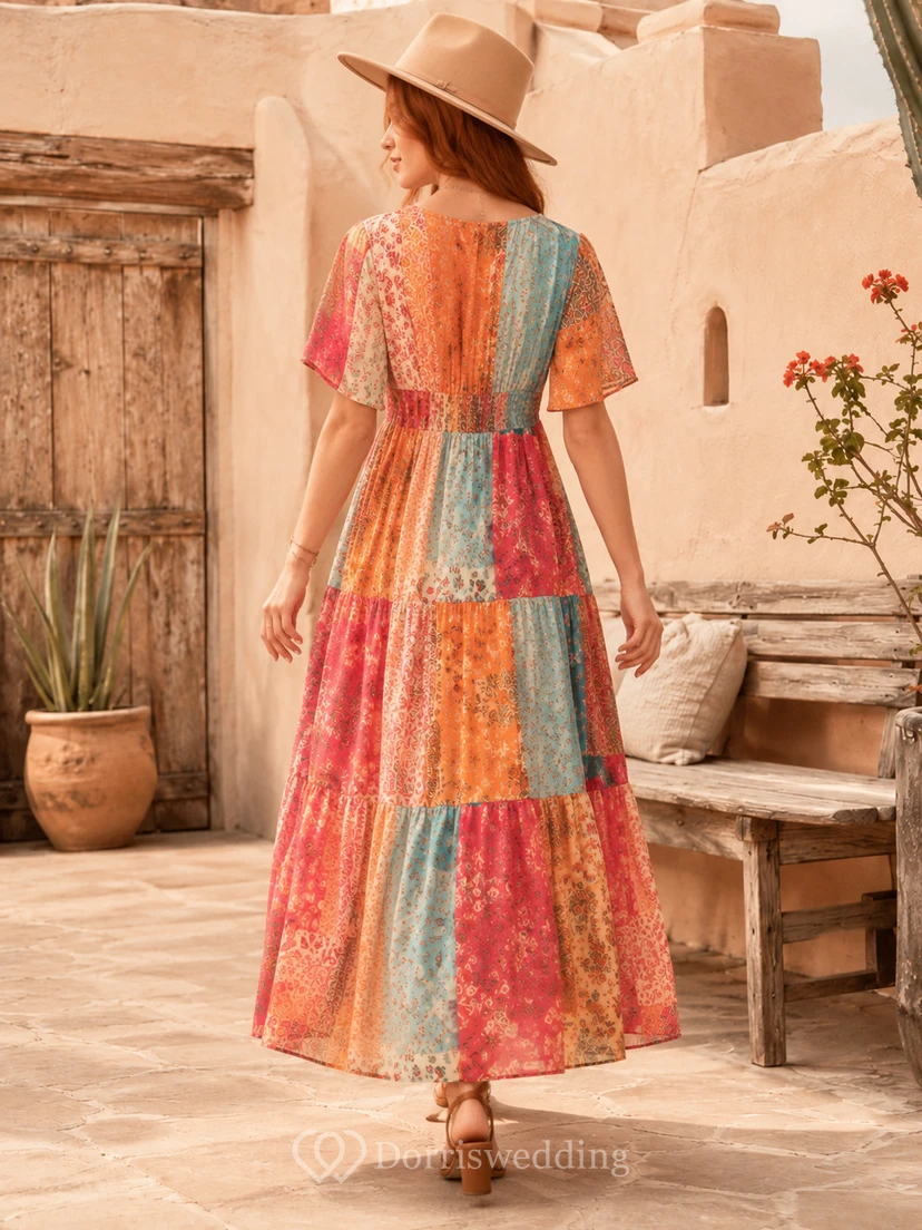 Robe longue à manches courtes et col en V, imprimé patchwork corail view 2