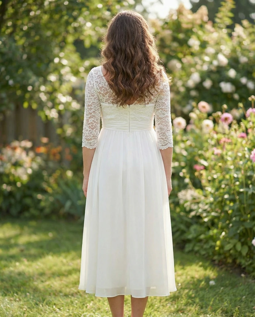 Weißes Umstandsbrautkleid aus Spitze mit 3/4-Ärmeln und Chiffonrock view 2