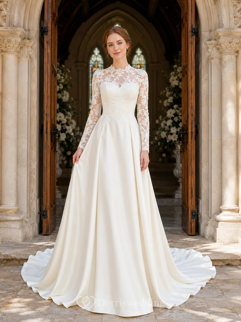Robe de mariée trapèze à manches en dentelle recouvertes, idéale pour une entrée d'église.