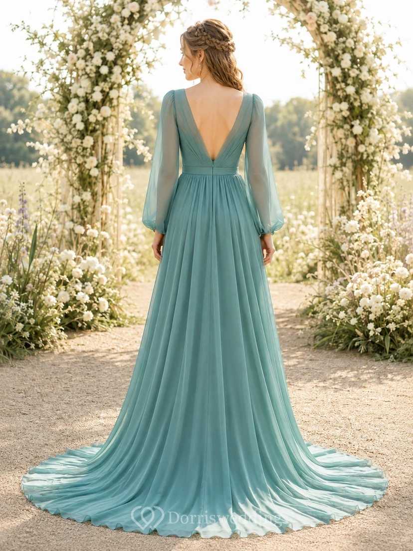 Türkisfarbenes, langärmeliges, romantisches Brautkleid aus Chiffon mit V-Ausschnitt, A-Linie und bodenlanger Silhouette view 2