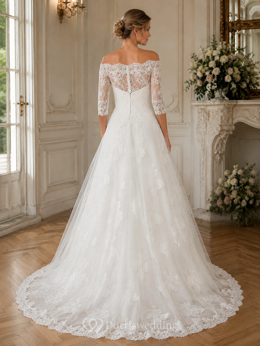 A-Line 3-4-Sleeve Off-The-Shoulder Lace&Tulle Wedding Dress With Illusion view 2