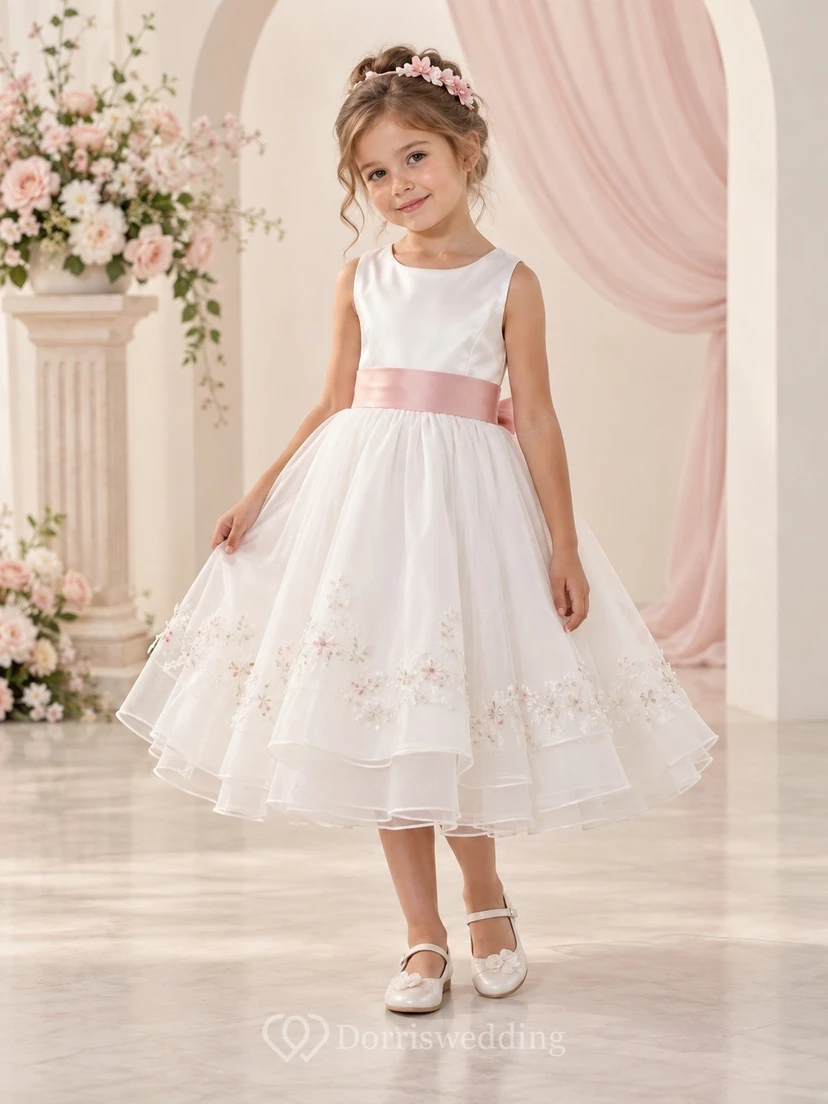 Vestido de niña de flores blanco, modesto, de corte A, sin mangas, con dobladillo bordado y ribete rosa, hasta la rodilla.