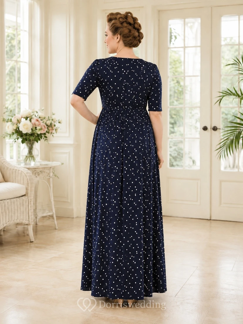 Vintage Dark Navy V-neck 3/4 Length Sleeve A-line Chiffon Dress view 2