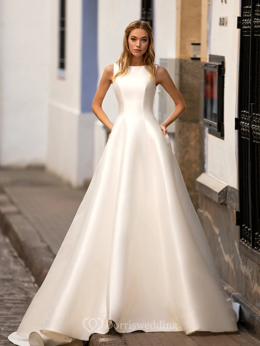 Robe de mariée de bal en satin transparent, coupe trapèze, dos illusion