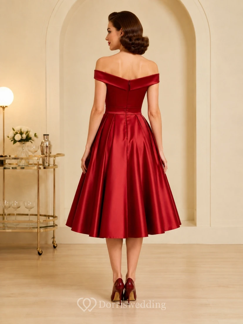 Vintage rotes, teelanges, schulterfreies A-Linien-Cocktailkleid aus Satin im Stil der 1950er Jahre view 2