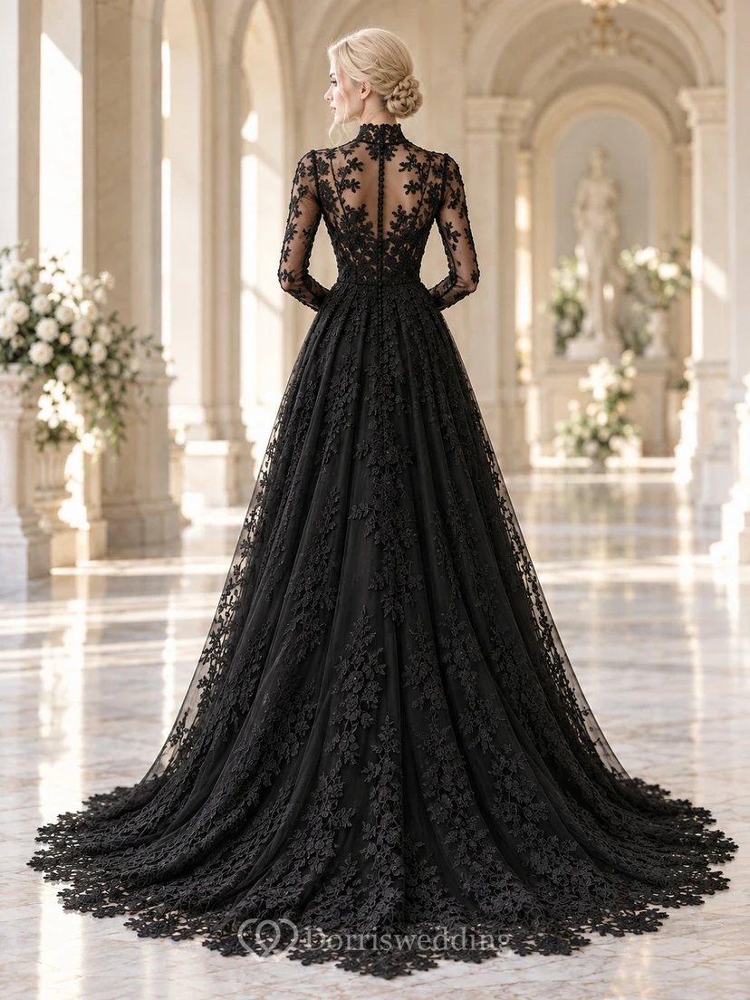 Schwarzes, schlichtes Brautkleid mit hohem Kragen, langen Ärmeln, Spitze, A-Linie und Schleppe view 2