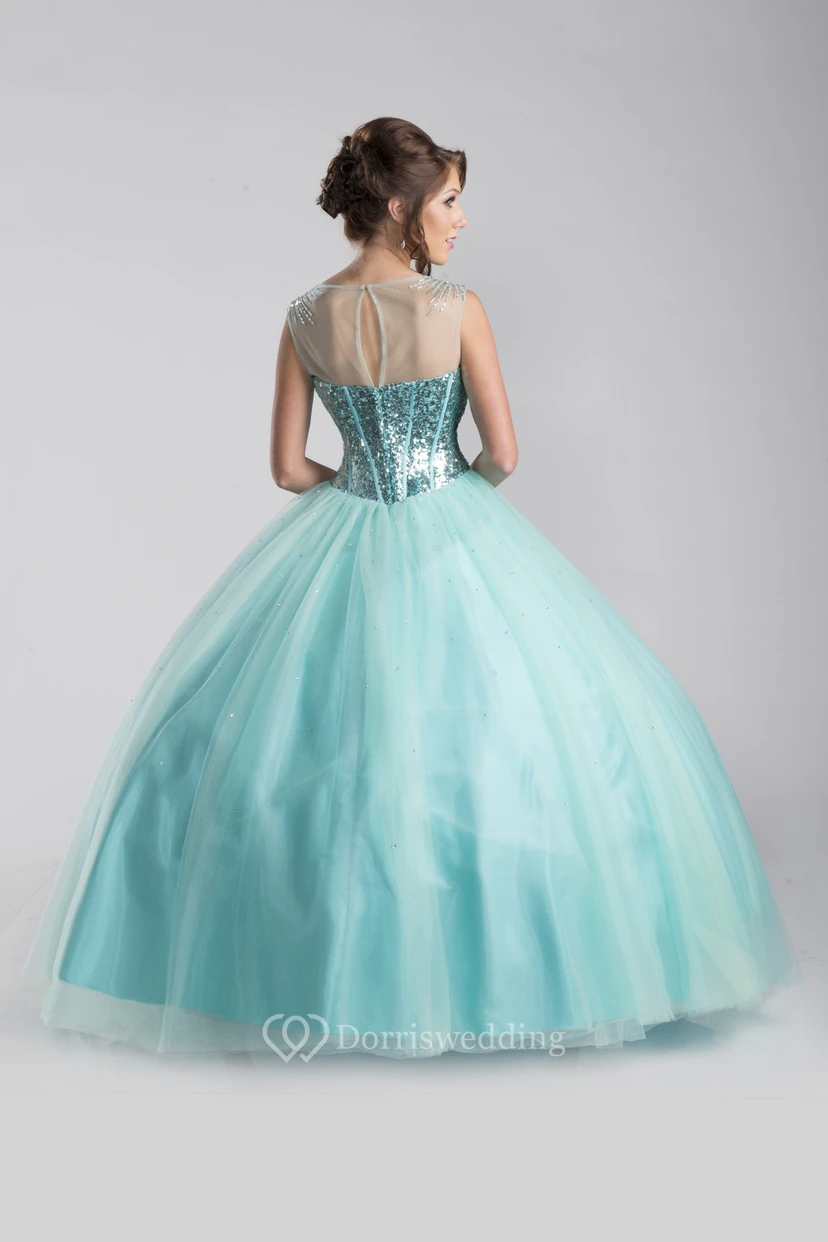 Tulle A-Line Sleeveless Ball Gown With Sequined Bodice And Keyhole Back view 2