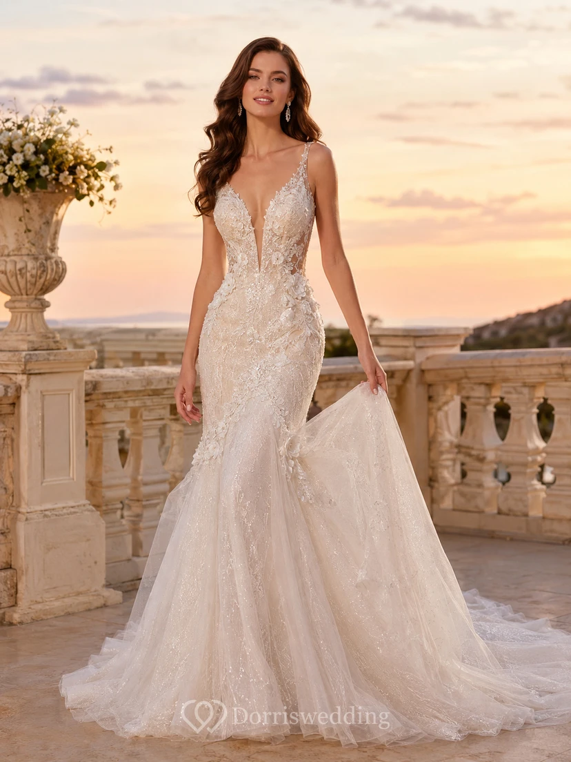 Robe de mariée sirène en dentelle florale à col en V spaghetti et traîne chapelle de luxe