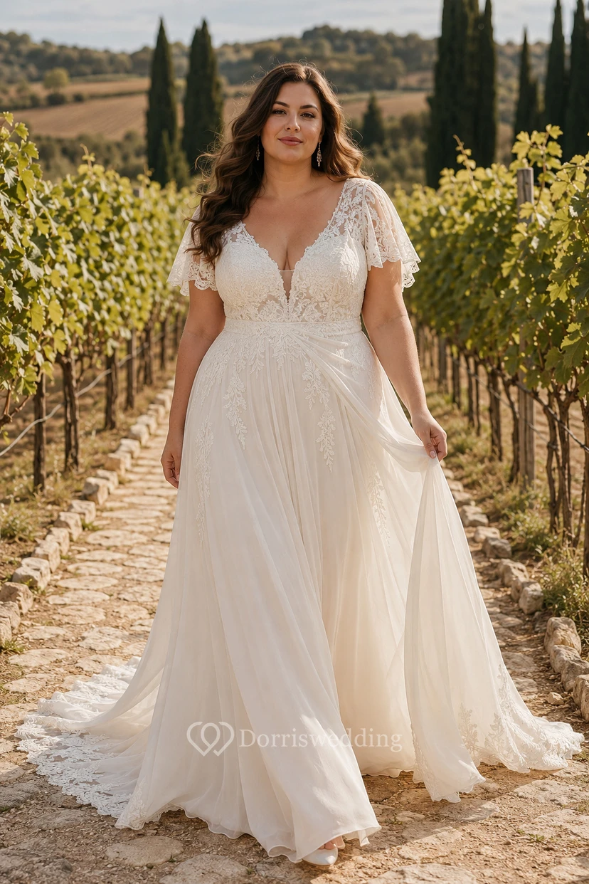 Robe de mariée grande taille en mousseline de soie, coupe trapèze, col en V et manches en dentelle, style vignoble