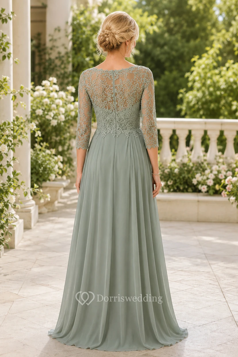 Sage Lace Bodice A-Line Mother Dress with Long Sleeves view 2
