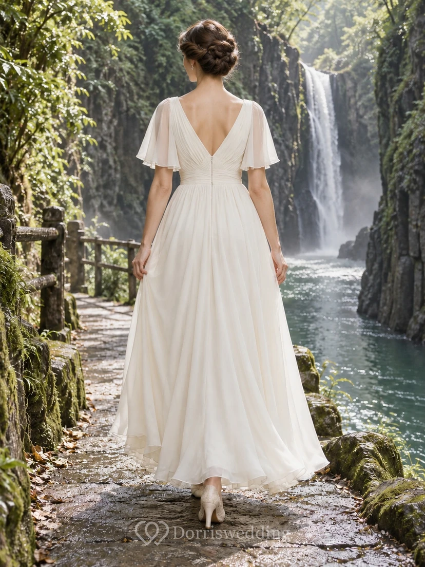 Einfaches Brautkleid in A-Linie mit V-Ausschnitt, kurzen, flatternden Ärmeln und Knöchellänge view 2