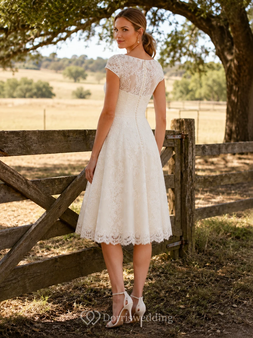 Vestido de novia campestre vintage modesto de largo midi con escote barco y mangas cortas ilusión de encaje view 2