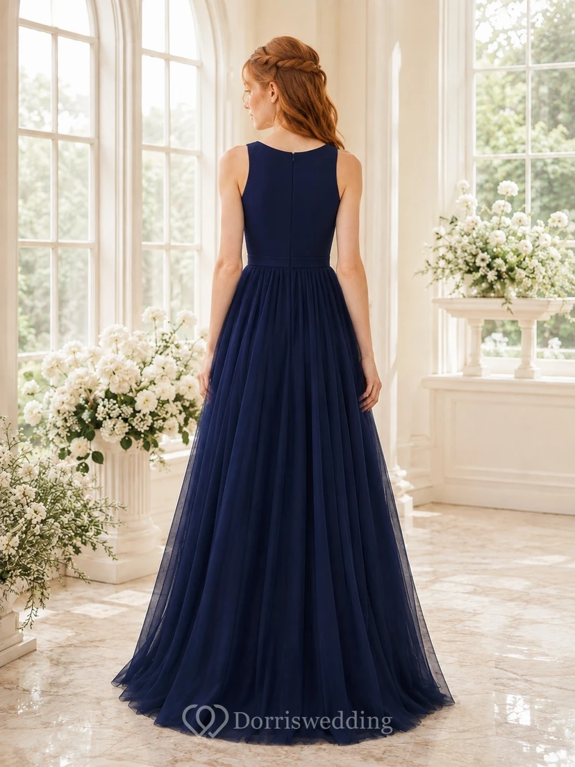Dark Navy Junior Bridesmaid Dress A-Line Jewel Sleeveless view 2