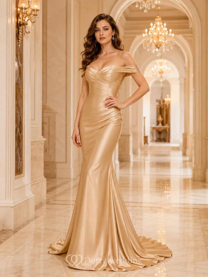 Vestido de noche de lujo color champán con escote Bardot, mangas cortas, fruncido y satén, corte sirena.
