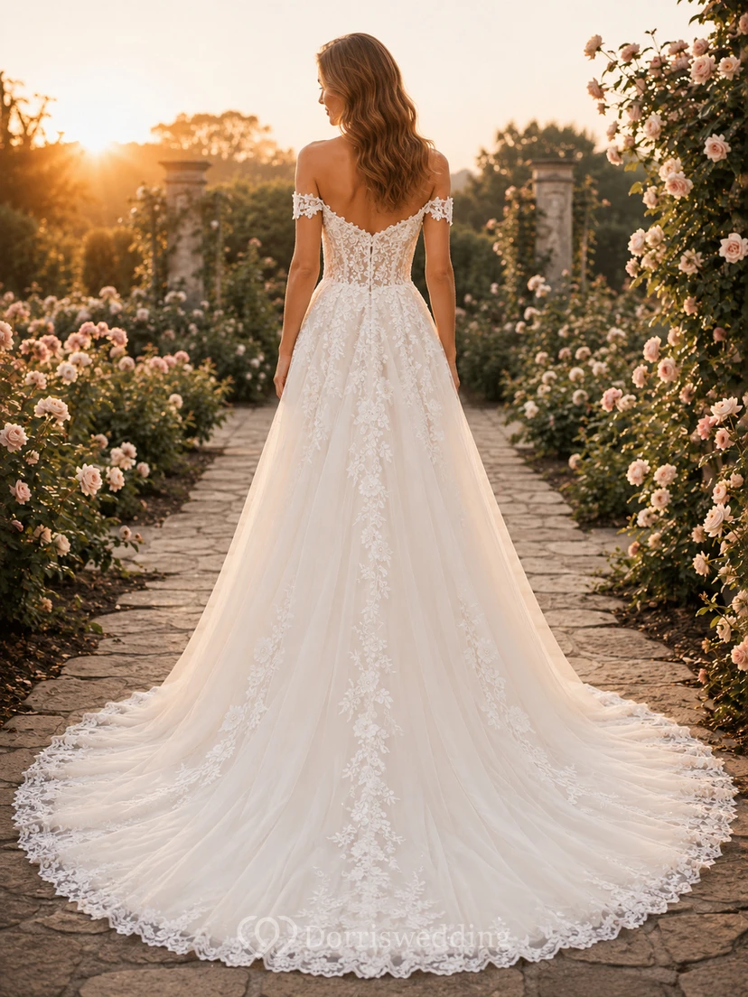 Lace Tulle Wedding Dress A-Line V-Neck Sleeveless Chapel Train Bridal Gown view 2