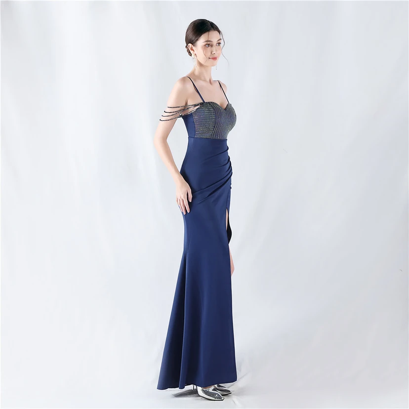 Hot Diamond Beaded High-Slit Satin Sexy Sling Evening Dress view 54