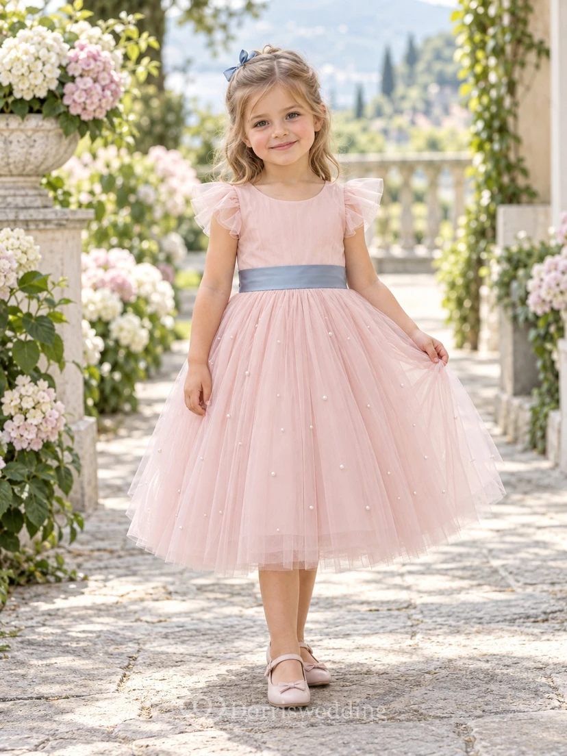 Robe de demoiselle d'honneur rose d'été, coupe trapèze, en tulle, manches papillon, ceinture bleue à pois, longueur thé