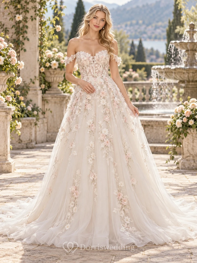 Brautkleid mit Blumenapplikationen, schulterfreiem Ausschnitt und A-Linien-Schnitt aus Tüll und Blumenapplikationen