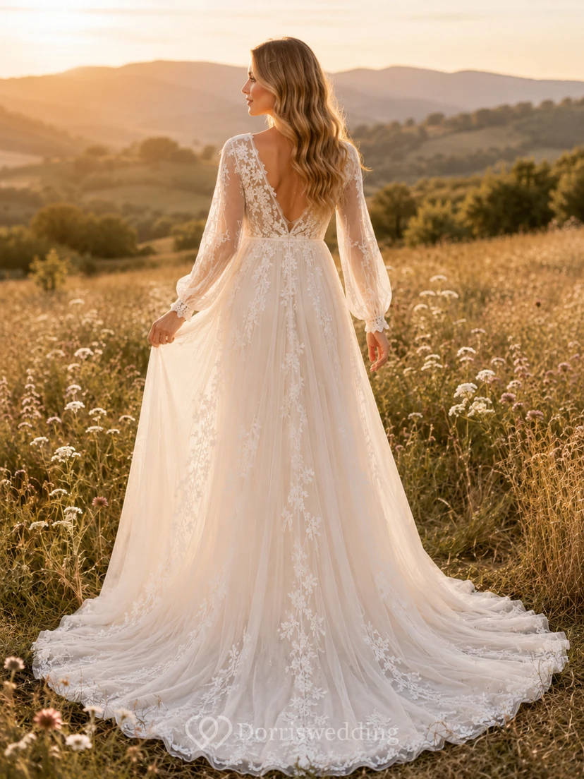 Umstandsbrautkleid mit V-Ausschnitt, langen Spitzenärmeln, formellem A-Linien-Schnitt und Schleppe view 2