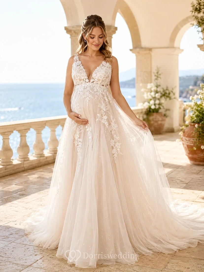 Maternity Bohemian V-Neck Lace A-Line Chapel Train Destination Wedding Dress