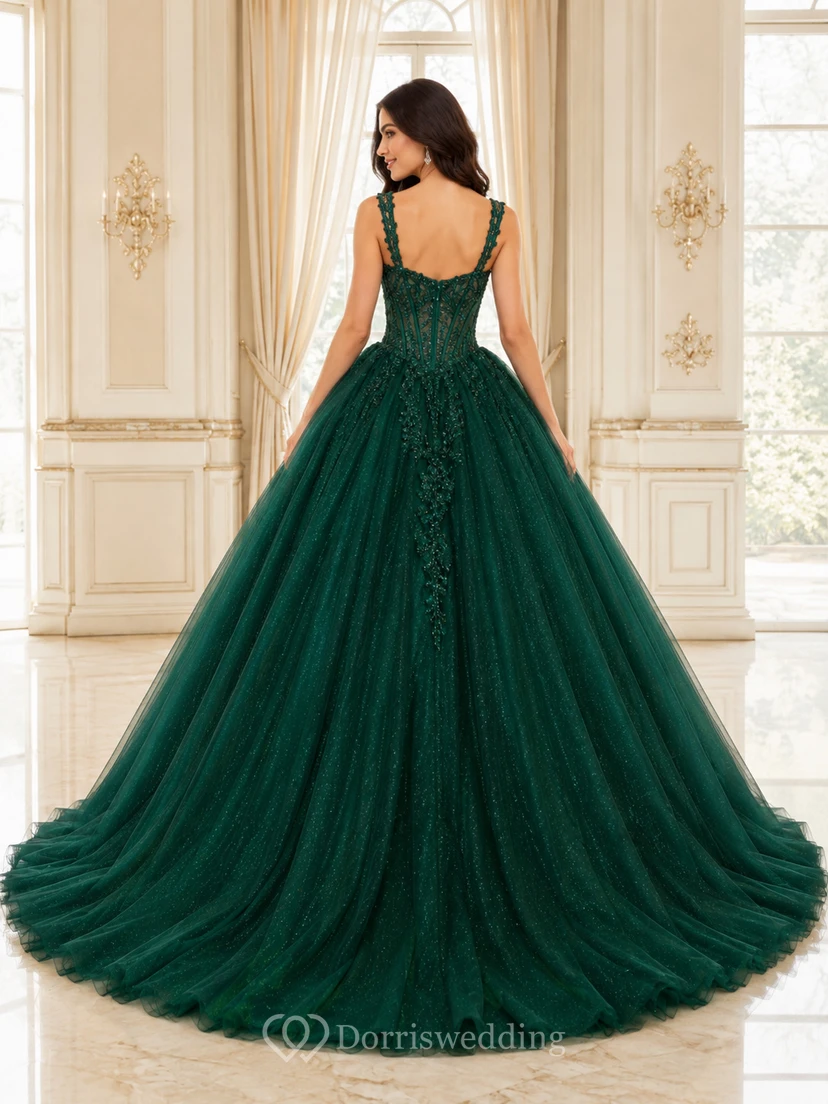 Dark Green Strap V-Neck Glitter Beaded Tulle Ball Gown Chapel Train Quinceanera Dress view 2