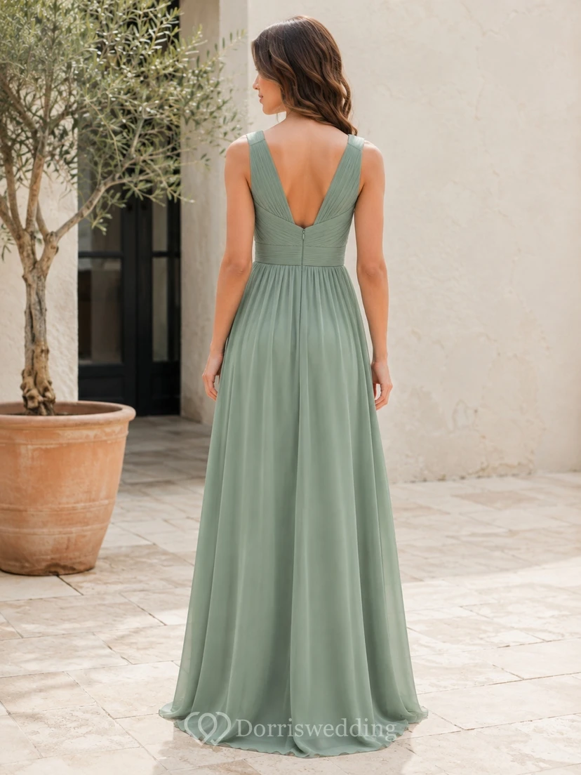 Vestido de dama de honor juvenil color celadón, corte en A, escote en V, sin mangas, gasa plisada, estilo romántico. view 2