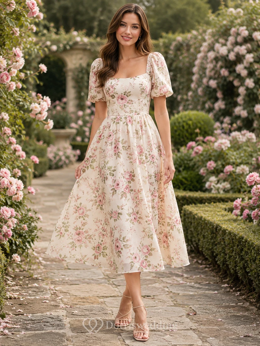 Rosafarbenes, geblümtes Midikleid mit Rundhalsausschnitt und kurzen Ärmeln