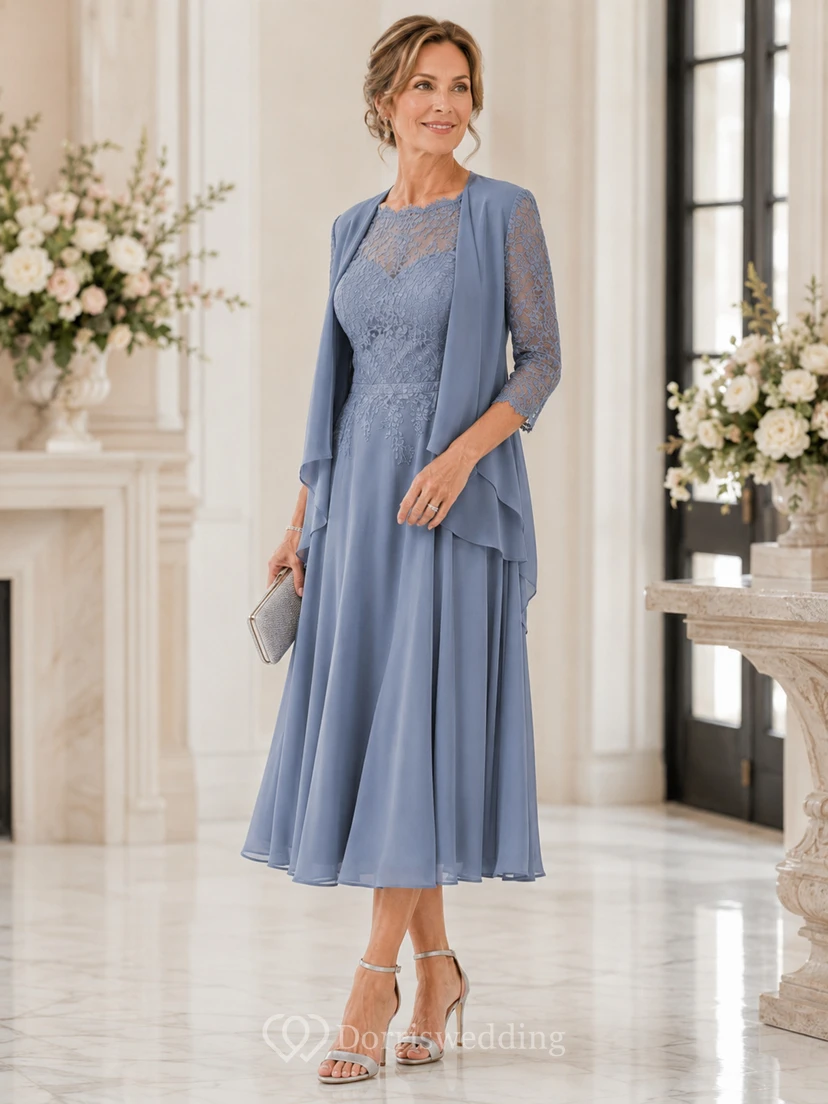 A-Line Tea-Length Bateau 3/4 Length Sleeve Chiffon Mother Dress with Lace view 2