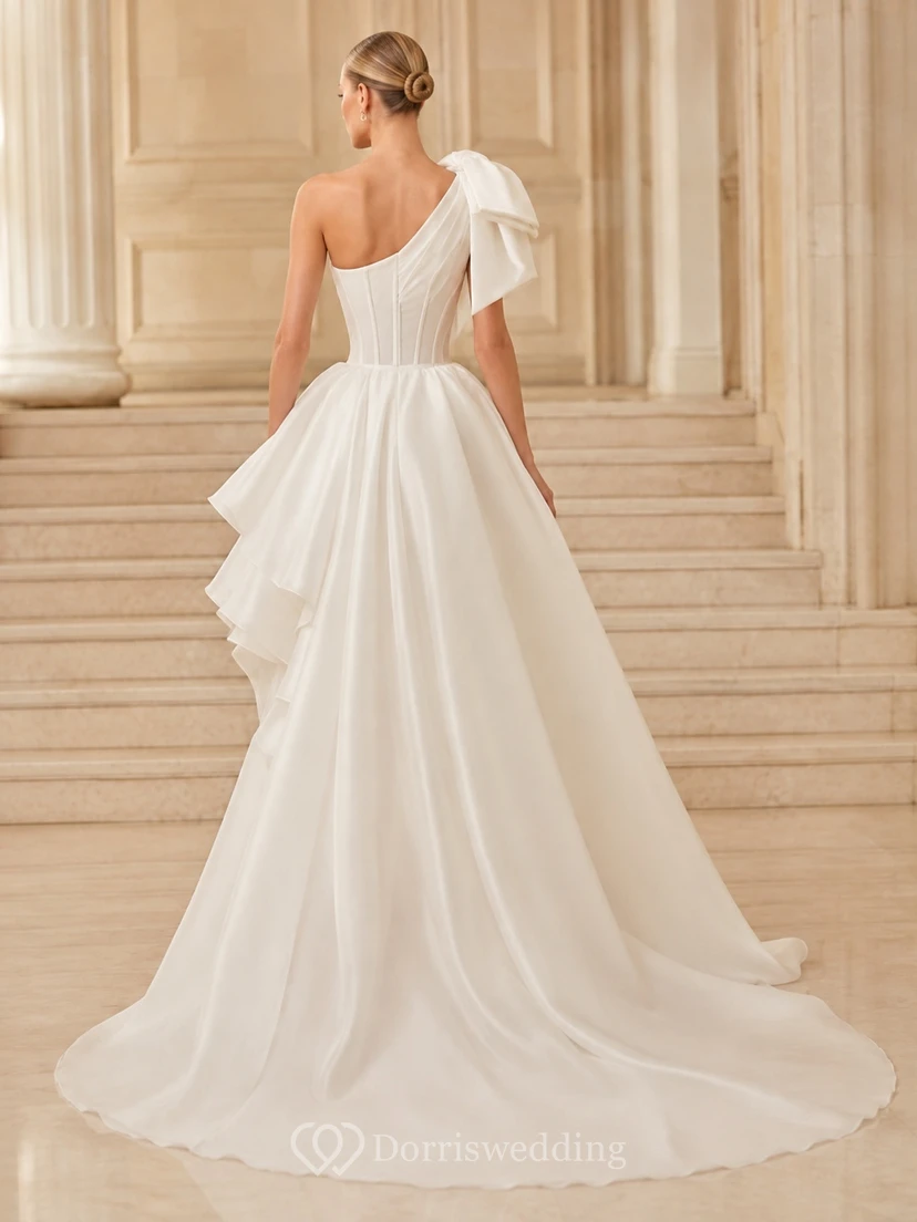 Statement Bow One Shoulder Taffeta High-Low Ball Gown Bridal Dress view 2