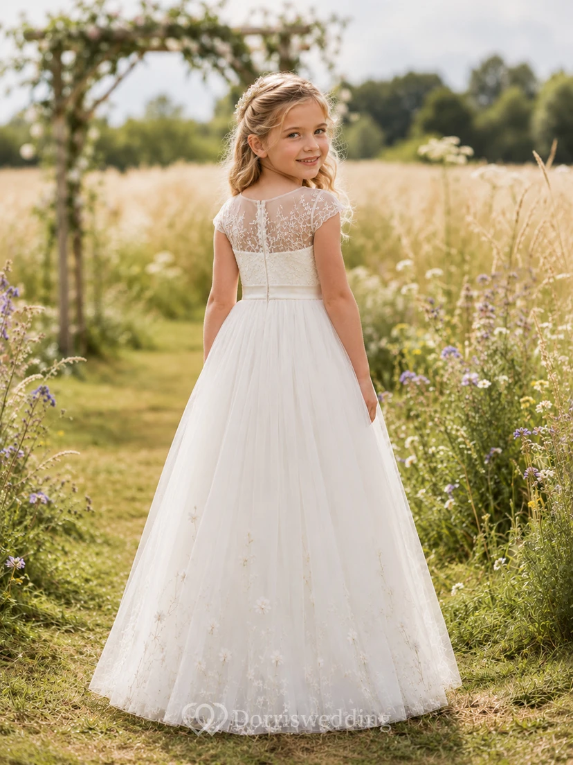 Ivory Floor-Length Ball Gown Flower Girl Dress with Lace Cap Sleeves, Illusion Scoop Neckline, Botanical Hem and Zipper Back view 2