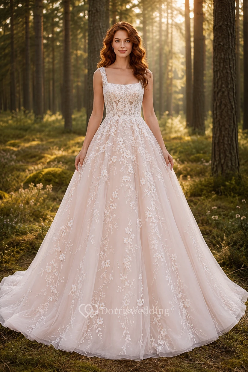 Ballkleid mit quadratischem Ausschnitt und Spitze für die Hochzeit