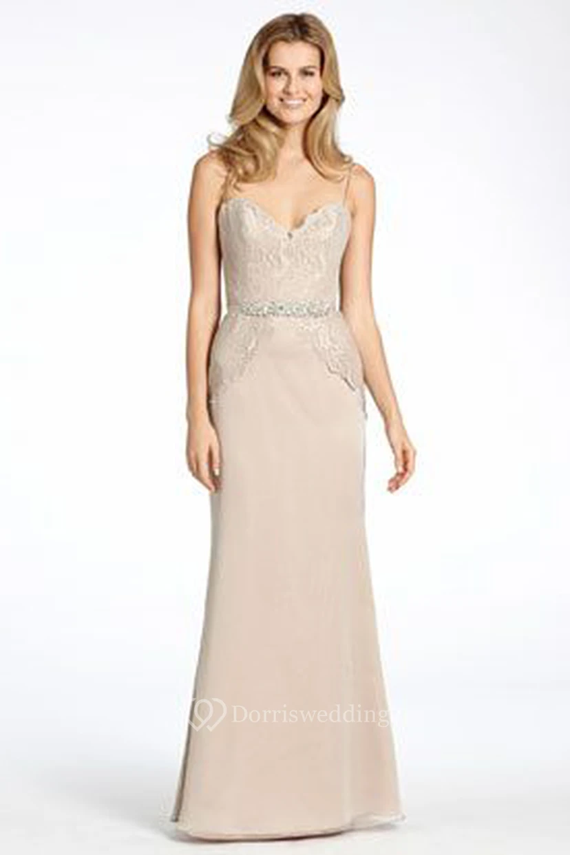 Floor-Length Spaghetti Jeweled Chiffon Bridesmaid Dress With Lace And V Back