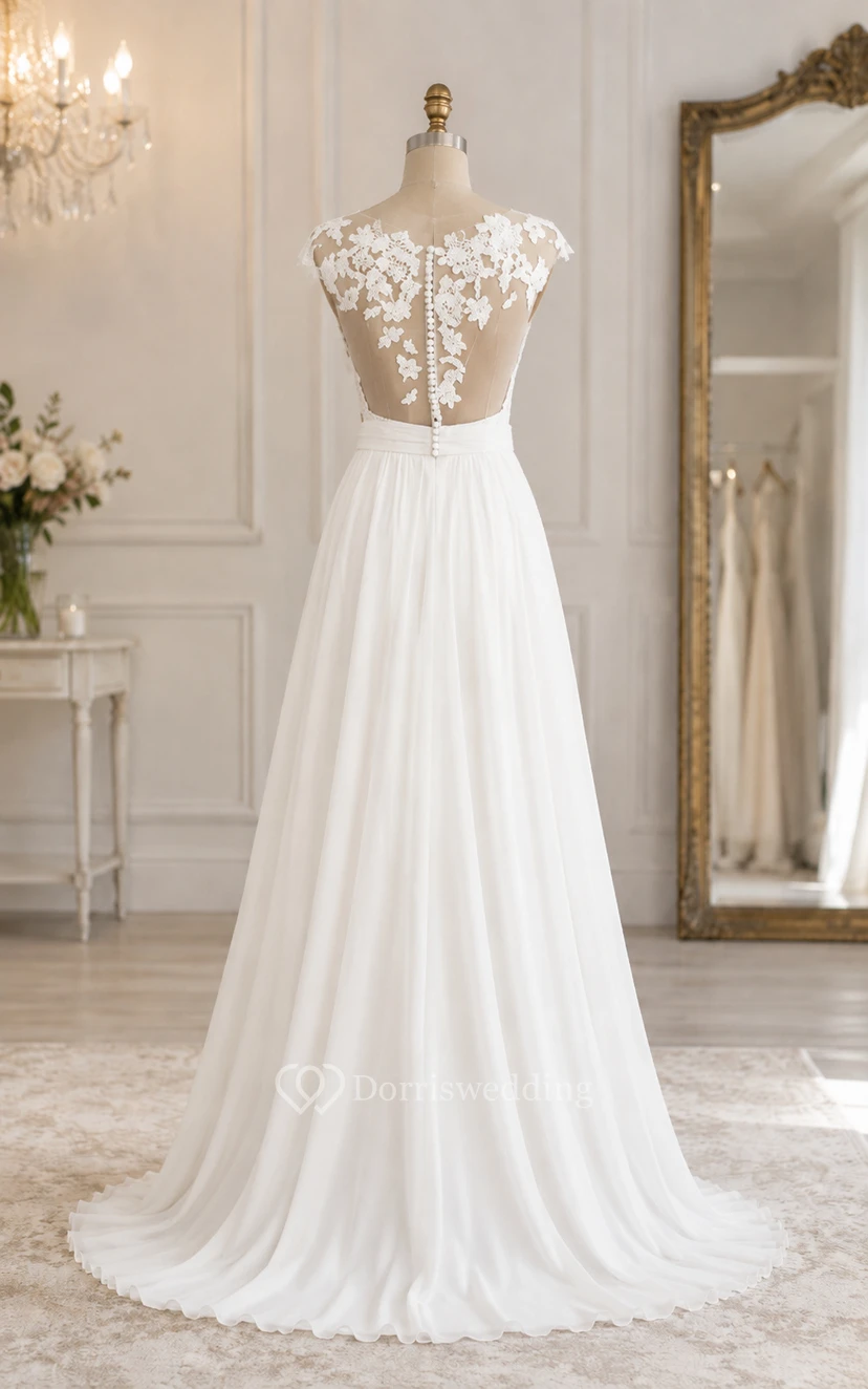 Robe de mariée en mousseline blanche à manches courtes et dentelle illusion, coupe trapèze view 8