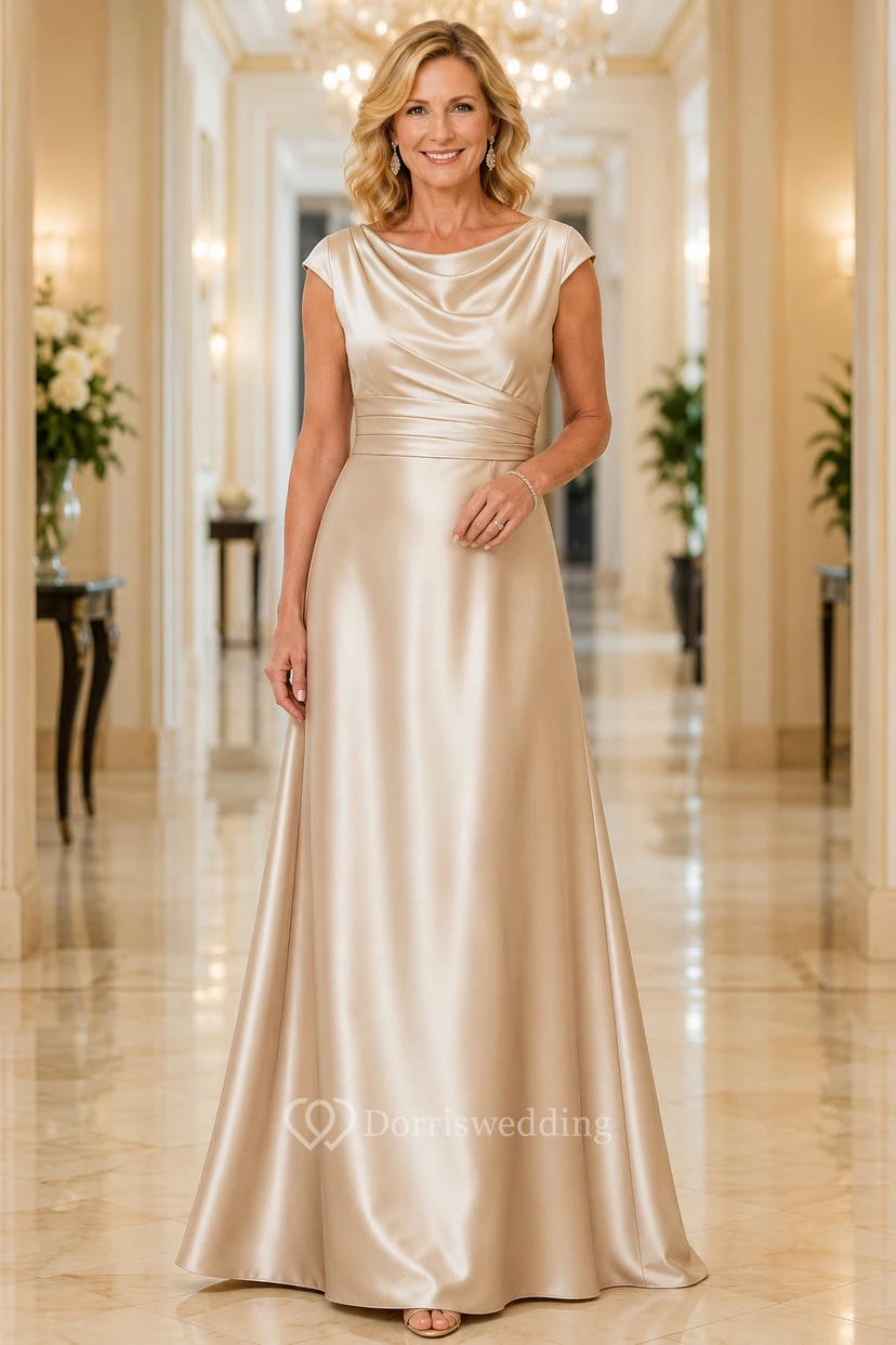 Champagnerfarbenes Satin-Kleid mit Wasserfallausschnitt und A-Linien-Design für Mütter