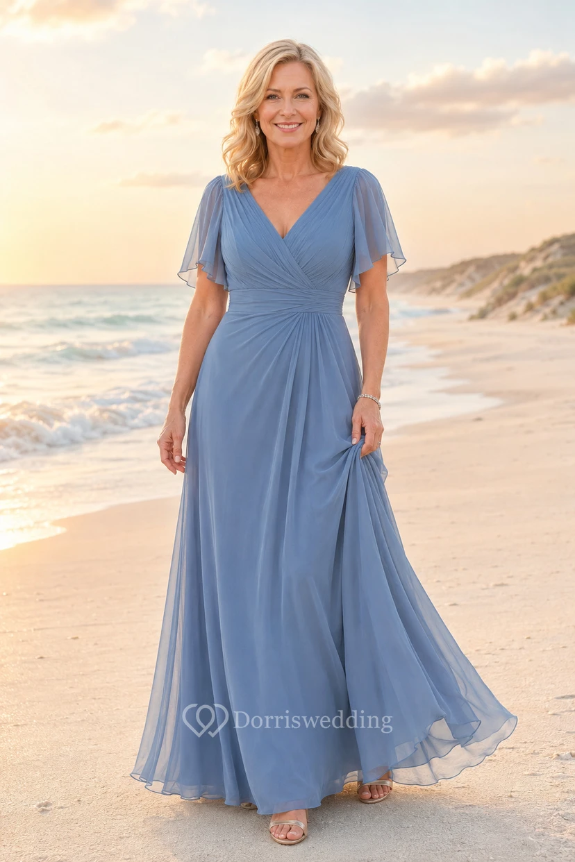 Stahlblaues Chiffon-Kleid in A-Linie mit V-Ausschnitt und Volantärmeln