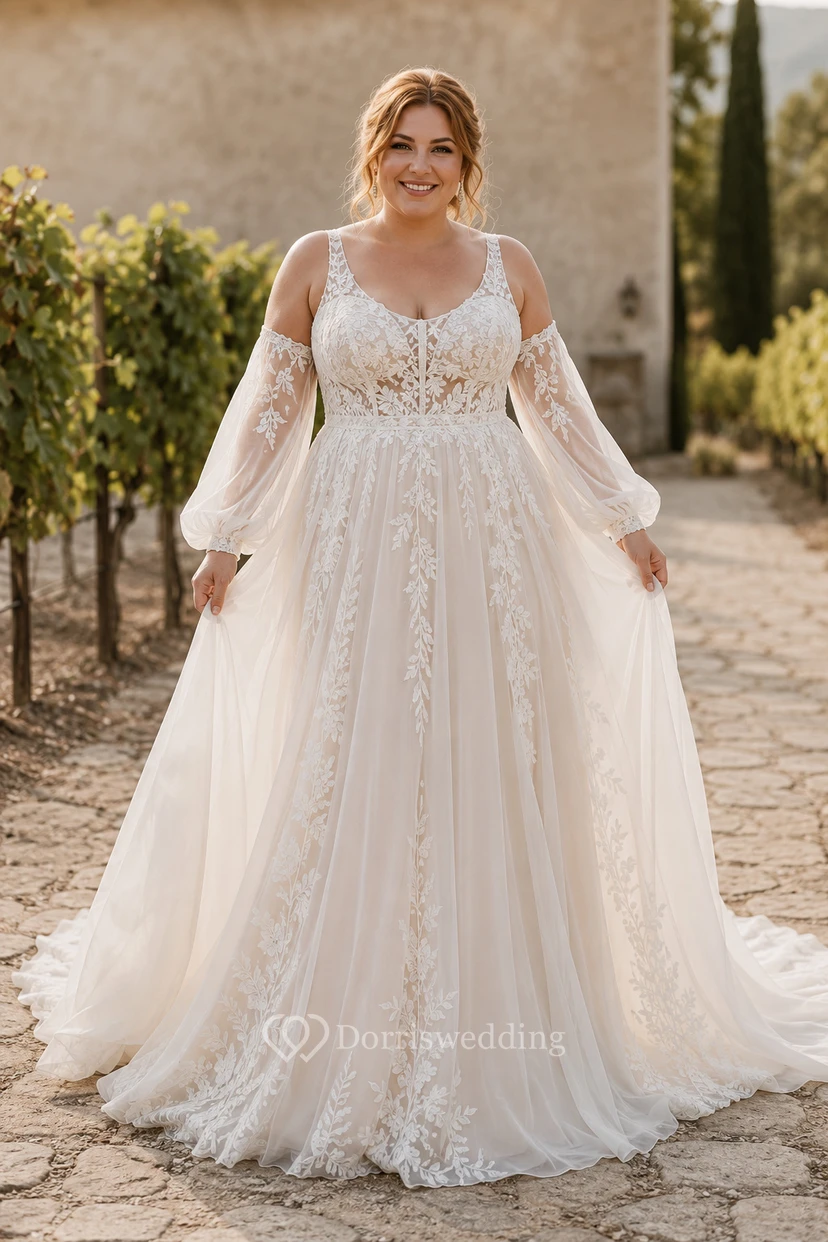 Plus Size Ivory V-Neck Long Sleeve Lace A-Line Wedding Dress with Low Back
