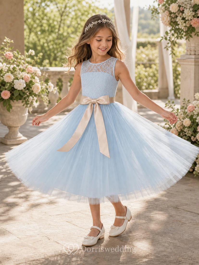 Scoop Sleeveless White First Communion A-line Tulle Bow Keyhole Back Flowergirl Dress view 5