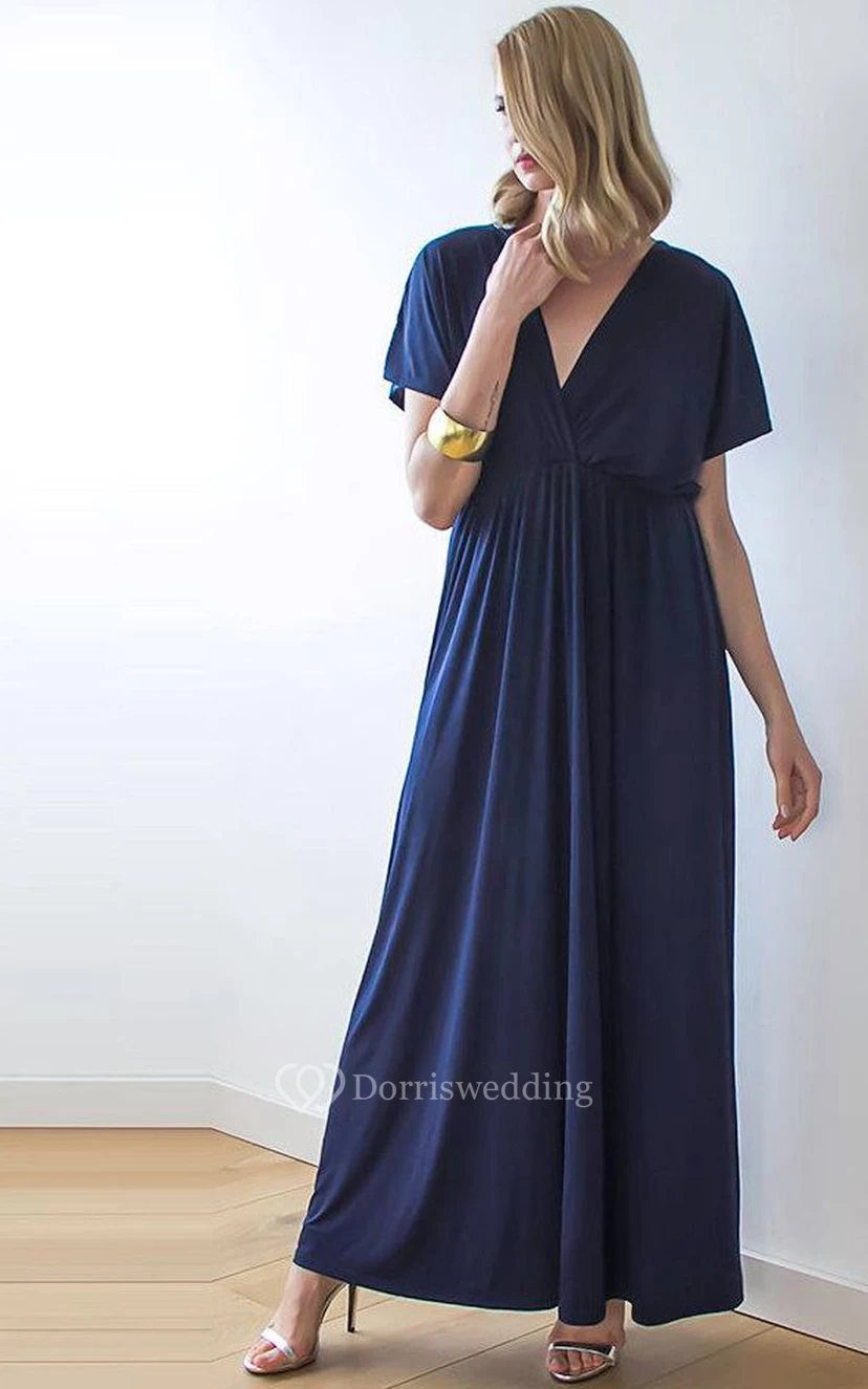 V Neck V Back Short Sleeve Pleated A-line Jersey Floor Length Dress view 4