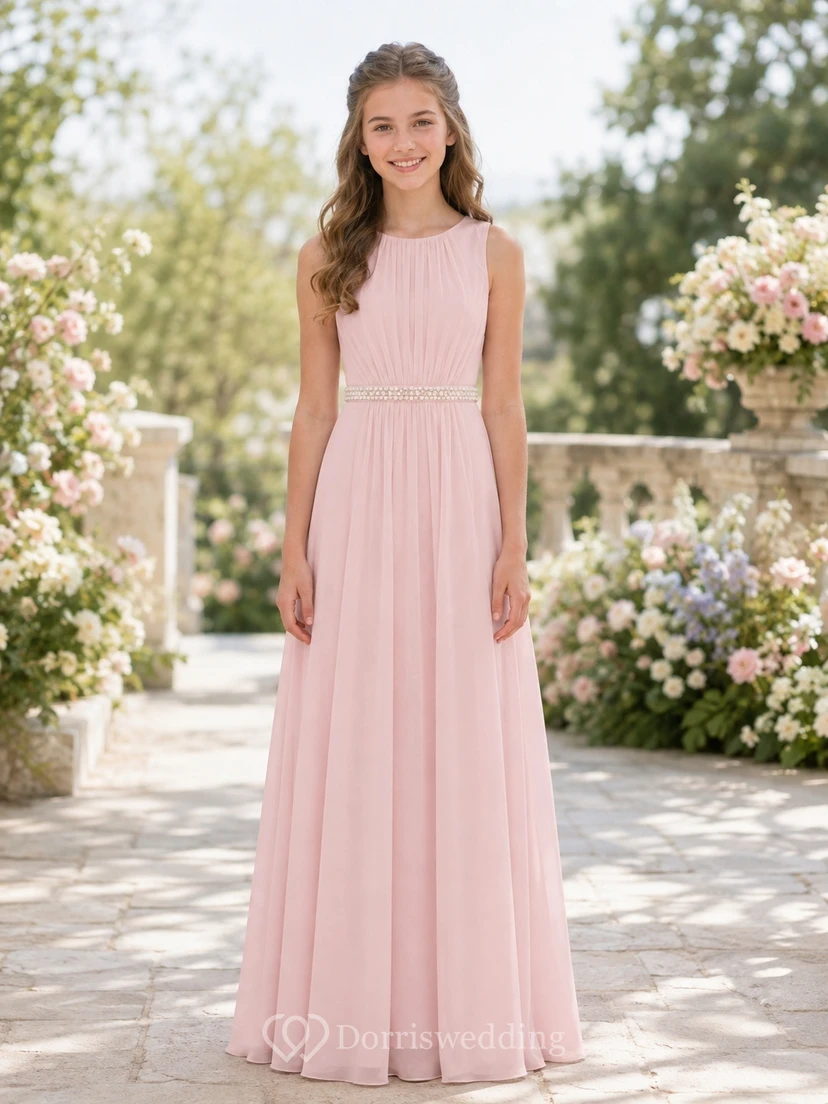 Vestido de dama de honor juvenil rosa ruborizado, corte en A, sin mangas, de gasa con detalles de cuentas en la cintura, elegante.