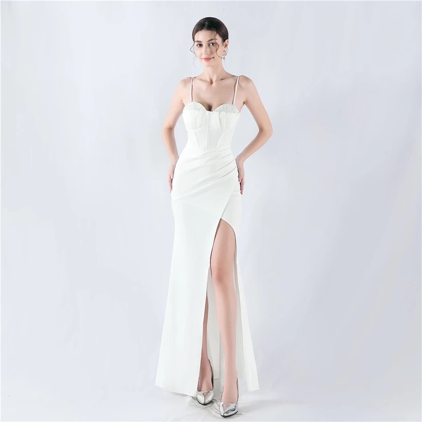 Fishbone Waist Set Crystal Diamond Satin Host Evening Dress view 20