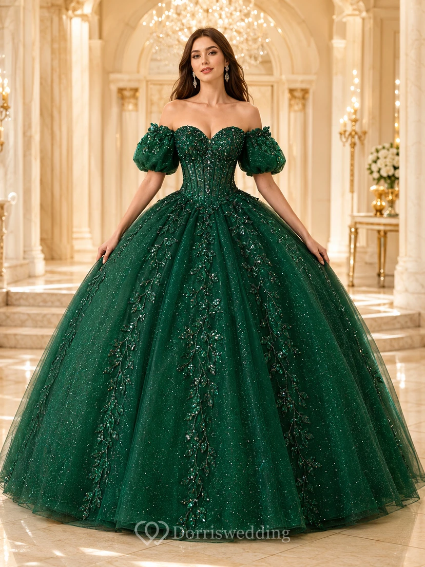 Vestido de fiesta de quinceañera largo hasta el suelo, color verde oscuro, con hombros descubiertos, mangas abullonadas y lentejuelas, de la marca Emerald-Star.