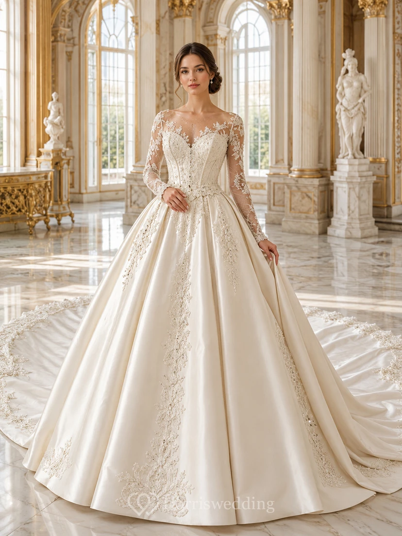 Vestido de novia de tul, estilo princesa, escote corazón, sin mangas, cola de capilla, con corsé y cordones en la espalda.
